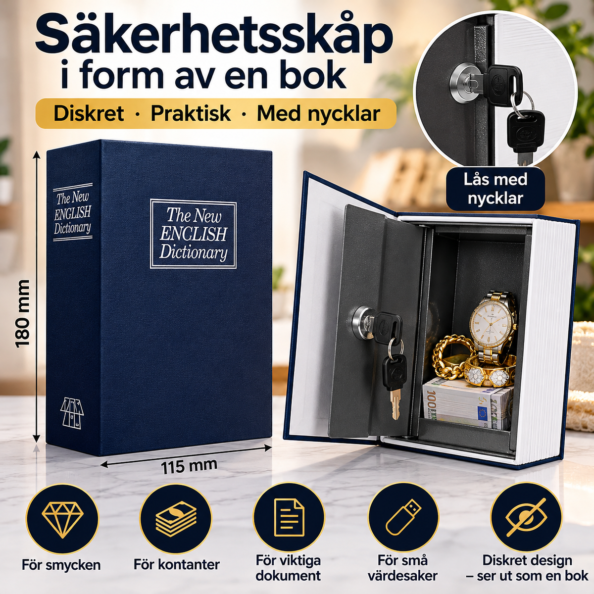 säkerhetsskåp i form av en bok – med nycklar!